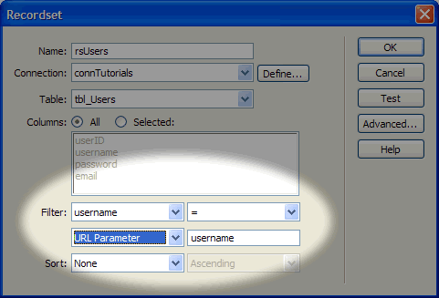 Go ahead and create a Recordset, and use the Filter options near the bottom of the Recordset window